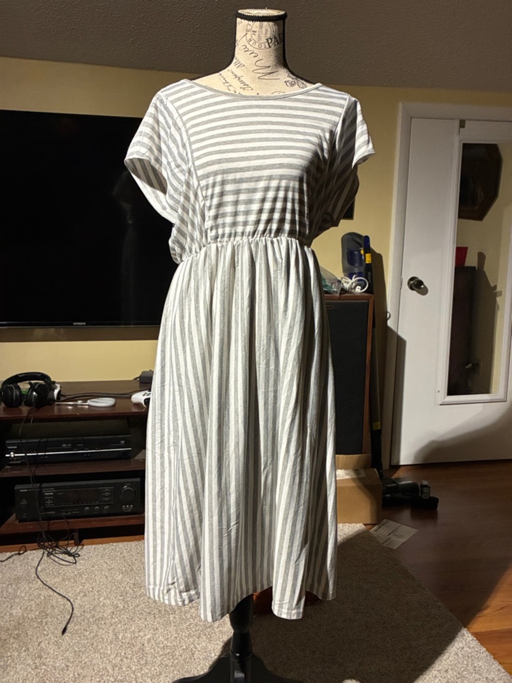 Striped Gray and White Casual Elastic-Waist Dress